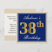Elegant, blauw, Faux Gold 38th Birthday + naam Kaart (Voorkant / Achterkant)