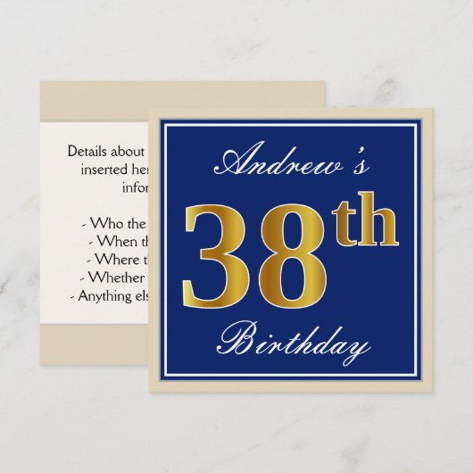 Elegant, blauw, Faux Gold 38th Birthday + naam Kaart (Voorkant / Achterkant)