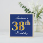 Elegant, blauw, Faux Gold 38th Birthday + naam Kaart (Staand voorkant)