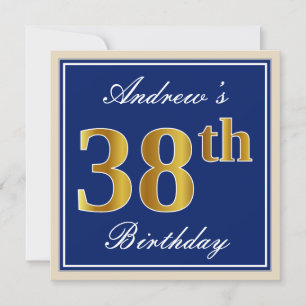 Elegant, blauw, Faux Gold 38th Birthday + naam Kaart