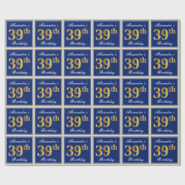Elegant, blauw, Faux Gold 39th Birthday + naam Cadeaupapier