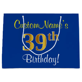 Elegant, blauw, Faux Gold 39th Birthday + naam Groot Cadeauzakje