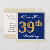 Elegant, blauw, Faux Gold 39th Birthday + naam Kaart (Voorkant / Achterkant)