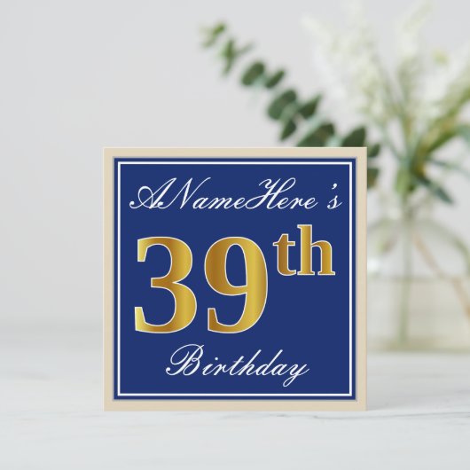 Elegant, blauw, Faux Gold 39th Birthday + naam Kaart (Staand voorkant)