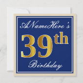 Elegant, blauw, Faux Gold 39th Birthday + naam Kaart (Voorkant)