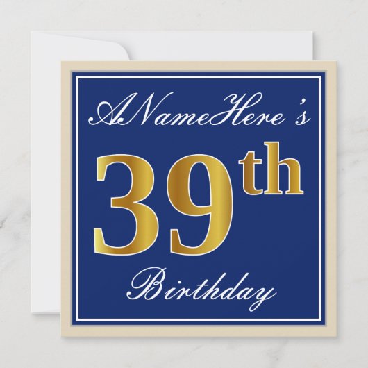 Elegant, blauw, Faux Gold 39th Birthday + naam Kaart (Voorkant)