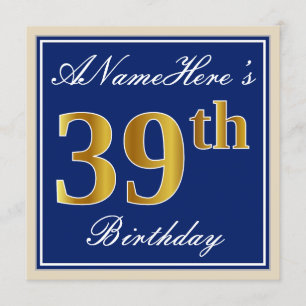 Elegant, blauw, Faux Gold 39th Birthday + naam Kaart