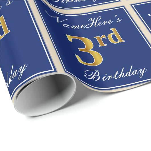 Elegant, blauw, Faux Gold 3rd Birthday; aangepaste Cadeaupapier (Rol Hoek)