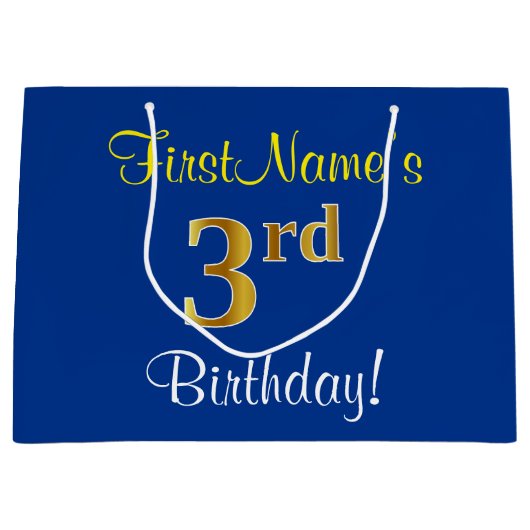 Elegant, blauw, Faux Gold 3rd Birthday; aangepaste Groot Cadeauzakje (Voorkant)