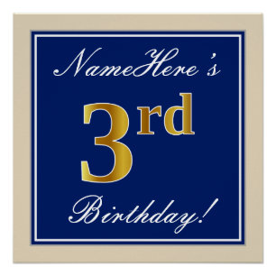 Elegant, blauw, Faux Gold 3rd Birthday; aangepaste Perfect Poster