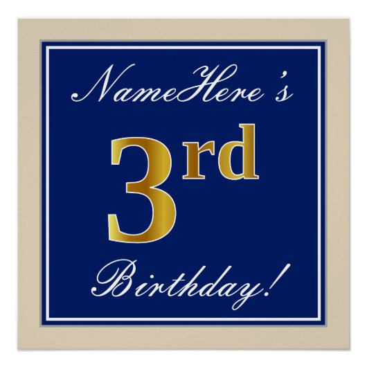 Elegant, blauw, Faux Gold 3rd Birthday; aangepaste Perfect Poster (Voorkant)
