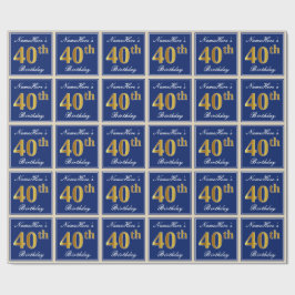 Elegant, blauw, Faux Gold 40th Birthday + naam Cadeaupapier