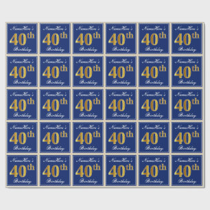 Elegant, blauw, Faux Gold 40th Birthday + naam Cadeaupapier
