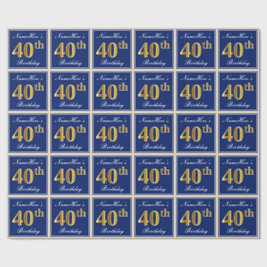 Elegant, blauw, Faux Gold 40th Birthday + naam Cadeaupapier (Vlak)