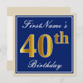 Elegant, blauw, Faux Gold 40th Birthday + naam Kaart (Voorkant / Achterkant)