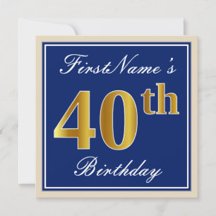 Elegant, blauw, Faux Gold 40th Birthday + naam Kaart