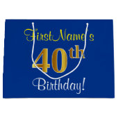 Elegant, blauw, Faux Gold 40th Birthday + naam Large Cadeautasje (Voorkant)