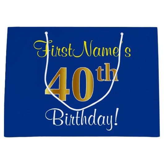 Elegant, blauw, Faux Gold 40th Birthday + naam Large Cadeautasje (Voorkant)