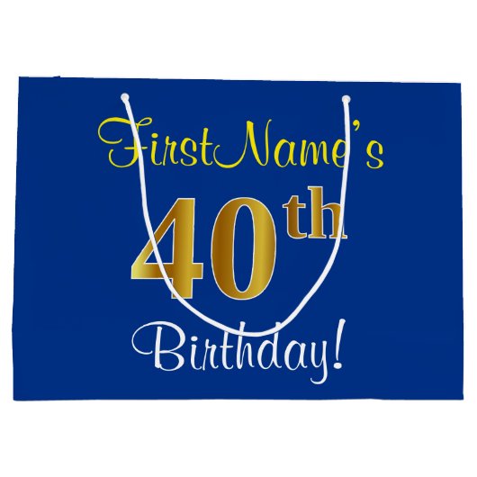 Elegant, blauw, Faux Gold 40th Birthday + naam Large Cadeautasje (Achterkant)