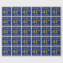 Elegant, blauw, Faux Gold 41st Birthday + naam Cadeaupapier