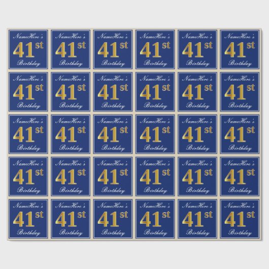 Elegant, blauw, Faux Gold 41st Birthday + naam Cadeaupapier (Vlak)