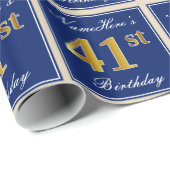 Elegant, blauw, Faux Gold 41st Birthday + naam Cadeaupapier (Rol Hoek)