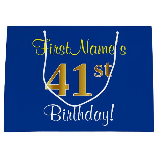 Elegant, blauw, Faux Gold 41st Birthday + naam Groot Cadeauzakje (Voorkant)