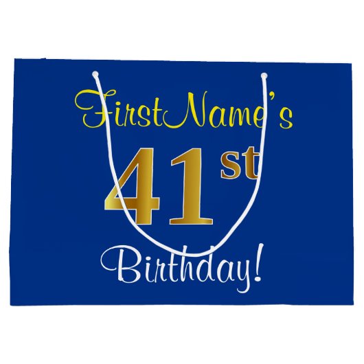 Elegant, blauw, Faux Gold 41st Birthday + naam Groot Cadeauzakje (Achterkant)