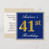 Elegant, blauw, Faux Gold 41st Birthday + naam Kaart (Voorkant / Achterkant)