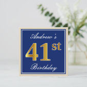 Elegant, blauw, Faux Gold 41st Birthday + naam Kaart (Staand voorkant)
