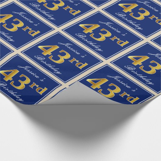 Elegant, Blauw, Faux Gold 43ste verjaardag + Naam Cadeaupapier (Hoek)