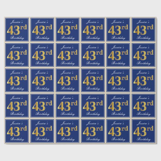 Elegant, Blauw, Faux Gold 43ste verjaardag + Naam Cadeaupapier (Vlak)