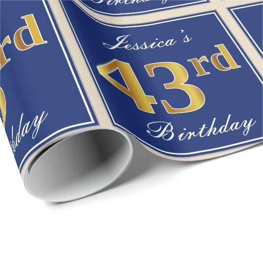 Elegant, Blauw, Faux Gold 43ste verjaardag + Naam Cadeaupapier (Rol Hoek)