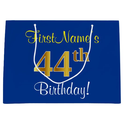 Elegant, blauw, Faux Gold 44th Birthday + naam Groot Cadeauzakje (Voorkant)