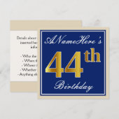 Elegant, blauw, Faux Gold 44th Birthday + naam Kaart (Voorkant / Achterkant)