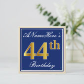 Elegant, blauw, Faux Gold 44th Birthday + naam Kaart (Staand voorkant)