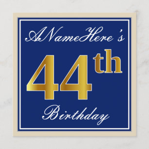 Elegant, blauw, Faux Gold 44th Birthday + naam Kaart