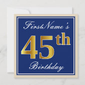 Elegant, blauw, Faux Gold 45th Birthday + naam Kaart (Voorkant)