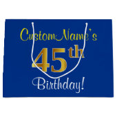 Elegant, blauw, Faux Gold 45th Birthday + naam Large Cadeautasje (Voorkant)