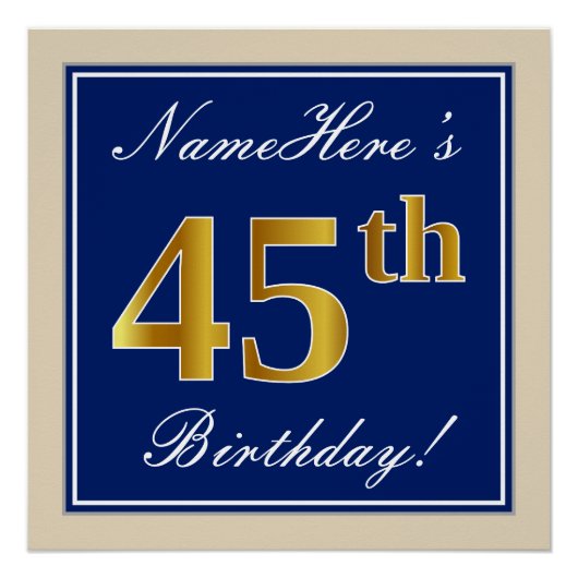 Elegant, blauw, Faux Gold 45th Birthday + naam Poster (Voorkant)