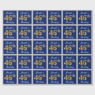 Elegant, blauw, Faux Gold 46th Birthday + naam Cadeaupapier