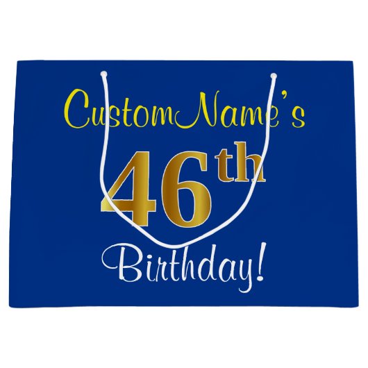 Elegant, blauw, Faux Gold 46th Birthday + naam Groot Cadeauzakje (Voorkant)