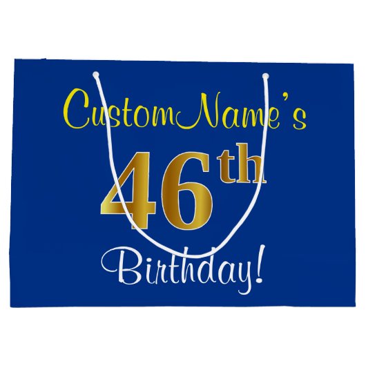 Elegant, blauw, Faux Gold 46th Birthday + naam Groot Cadeauzakje (Achterkant)