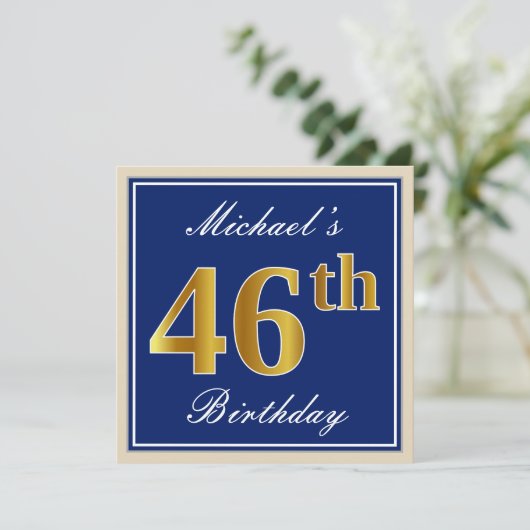 Elegant, blauw, Faux Gold 46th Birthday + naam Kaart (Staand voorkant)