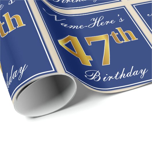 Elegant, blauw, Faux Gold 47th Birthday + naam Cadeaupapier (Rol Hoek)