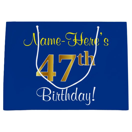 Elegant, blauw, Faux Gold 47th Birthday + naam Groot Cadeauzakje (Voorkant)