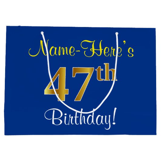 Elegant, blauw, Faux Gold 47th Birthday + naam Groot Cadeauzakje (Achterkant)