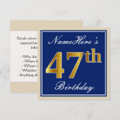 Elegant, blauw, Faux Gold 47th Birthday + naam Kaart (Voorkant / Achterkant)
