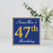 Elegant, blauw, Faux Gold 47th Birthday + naam Kaart (Staand voorkant)