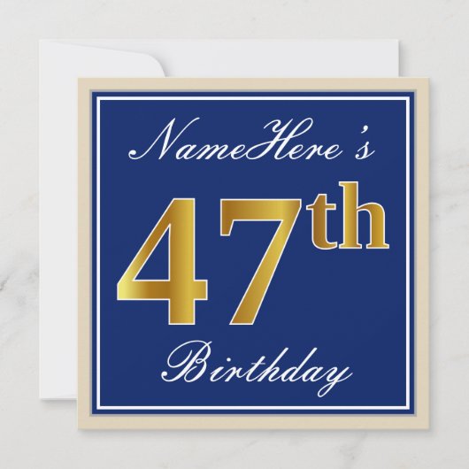 Elegant, blauw, Faux Gold 47th Birthday + naam Kaart (Voorkant)